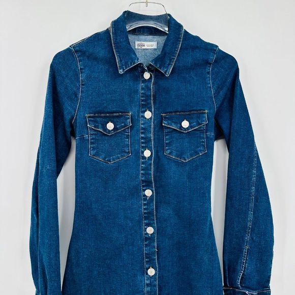 Zara TRF Size Medium Dark Wash Long Sleeve Button Down Denim Mini Dress - Picture 4 of 11